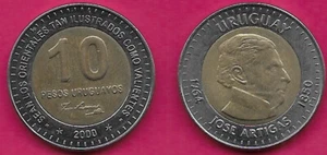 URUGUAY 10 PESOS URUGUAYOS 2000 UNC 1 YEAR TYPE,ARTIGAS HEAD RIGHT WITHIN CIRCLE - Picture 1 of 1