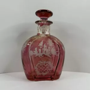 Antique Bohemian Victorian Cranberry Acid Etched Cut to Clear Decanter & Stopper - Picture 1 of 9