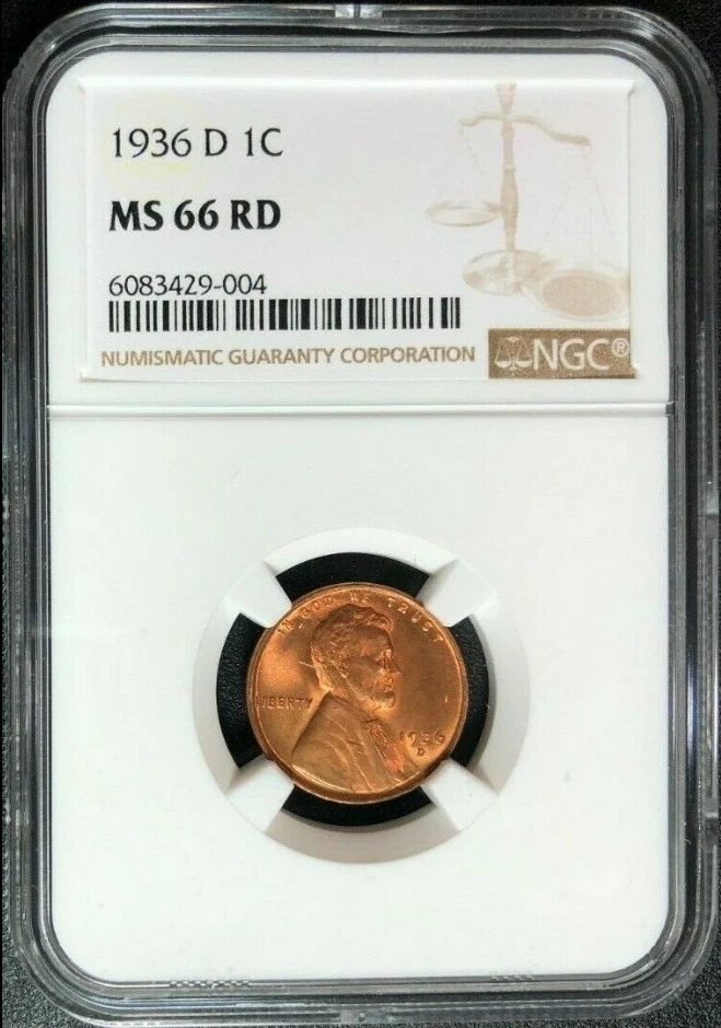 :1936-D 1C LINCOLN CENT LOW POP KEY DATE NGC MS-66 CHERRY RED HIGHEST GRADES - Image 1 of 2