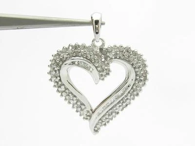 14k Bianco Oro e Diamanti Cuore Aperto Design Ciondolo Collana - Immagine 1 di 4