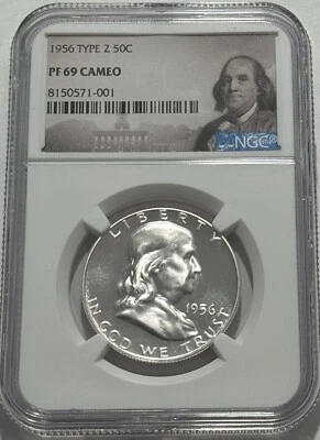 1956 Type 2 NGC PF69 Cameo Proof Franklin Half Dollar 50c 90% SILVER Portrait Lb - Image 1 of 3