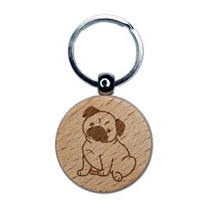 Pug Sitting Dog Engraved Wood Round Keychain Tag Charm - Picture 1 of 6