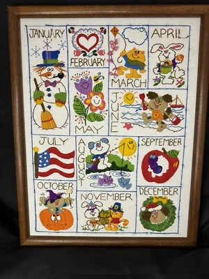 Vintage 1981 Classroom Needlepoint Crewel Embroidery Completed Month Calendar - Image 1 of 4