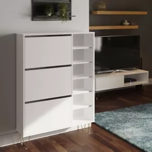 Shoe Rack Storage Cabinet 3 Drawers Open Shelves Wood and Metal Cupboard White - Picture 1 of 5