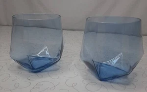 Blue Glass Old Fashioned Rock Whiskey Glasses Barware Set of 2 - Picture 1 of 2