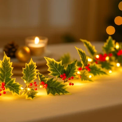 Holly String Lights Battery Operated Eco Xmas Decorations Festive Home 2.6M LED  - Image 1 of 4