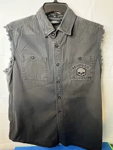 Harley Davidson grau ärmellos Knopfleiste bestickt Totenkopf Hemd Herren Large - Bild 1 von 7