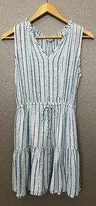 Rails Albany Mini Dress Striped V-Neck Linen Blue/White S Lined Ruffle Coastal - Picture 1 of 19