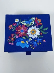 Brighton French Garden Jewelry Box Embroidered Flowers Blue Fabric 7”x6”x2.75” - Picture 1 of 7