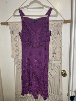 Flower Stonewashed Embroidered Mid Length Whimsy Goth Fairy Core Dress Size LG  - Image 1 of 4