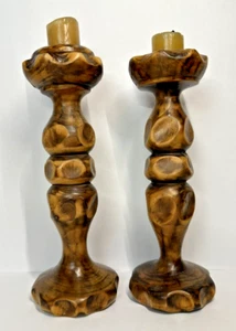 Hand Carved Spanish Wooden Candlestick holders, Rustic 9" & 9.5" Old World Spain - Picture 1 of 23