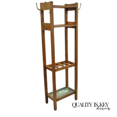 Antique Mission Oak Arts & Crafts Coat Hook Hall Tree Umbrella Stand - Image 1 of 4