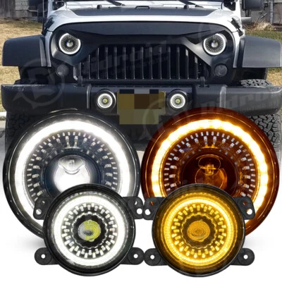 7" LED Headlights Halo Fog Lights Combo Kit For 2007-2017 For Jeep Wrangler JK - Image 1 of 4
