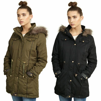 BRAVE SOUL WOMENS PADDED PARKA COAT FUR HOOD FISHTAIL MILITARY WINTER JACKET TOP