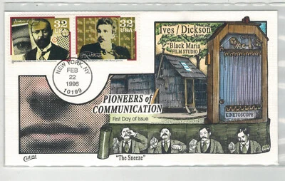1996 COLLINS HANDPAINTED SET OF 2 FDCs COMMUNICATIONS PIONEERS 4 STAMPS - Image 1 of 2
