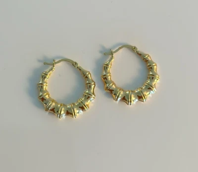 14k Solid Gold Hoops, African Bamboo Earrings, Minimalist, Real 585 Yellow Gold - Image 1 of 4