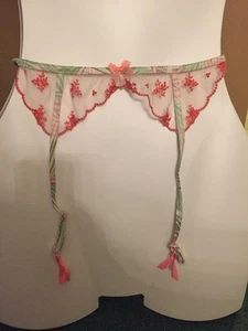 VICTORIA SECRET Pink Tropical Palm Green Coral Garter Belt Size M/L - Picture 1 of 7