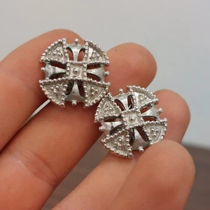 Vintage Silvertone Signed Monet Clip On Earrings Unique Open Work Design - Picture 1 of 5