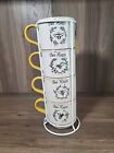 Bee Happy Stoneware Stackable Coffee Mug  Set & Stand 4 Rustic Tea Cups Harvest