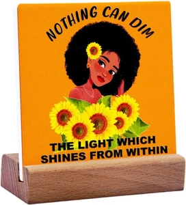 Nothing Can Dim Black Girl Desk Decorative Ceramic Plaque with Wooden Stand Moti - Picture 1 of 12