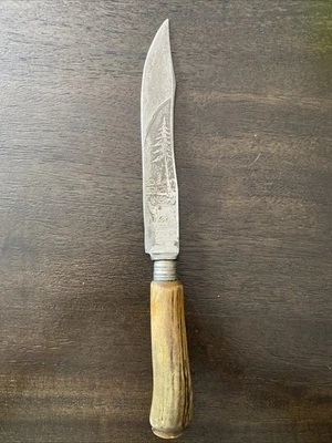 Vintage August Kullenberg Germany Carving Knife Antler Handle w Stag Ca 1950’s - Image 1 of 4
