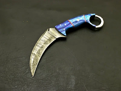 Cuchillo karambit de caza de acero Damasco forjado a mano personalizado Full Tang hoja fija Foto 1 de 4
