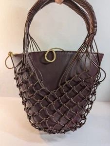 Borsa a mano J Crew Sedona Basket in pelle e rete bordeaux - nuova con etichette - Foto 1 di 10