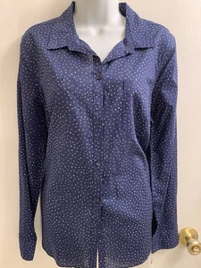 NEU MIT ETIKETT LIZ CLAIBORNE 100 % BAUMWOLLE MARINEBLAU GEPUNKTET LANGARM GEKNÖPFT B; BLUSE GRÖSSE LG - Bild 1 von 5