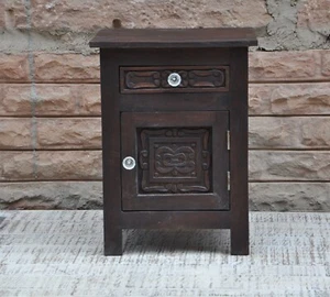 Mesita De Noche De Madera De Mango Tallada Con Cajón Decoración De Dormitorio - Imagen 1 de 8