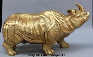 18" Chinese Fengshui Bronze Carving Lucky Rhinoceros Ox Animal Statue Sculpture - Picture 1 of 5