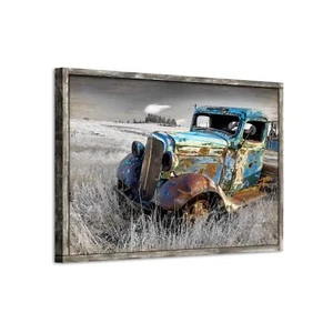 Rusty Truck Wooden Wall Art: Vintage Blue Car Pictures Countryside Artwork Fr... - Picture 1 of 6