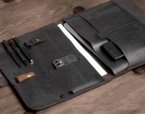 iPad Laptop Bolso Mensajero Archivo Carpeta Bolsillo Vaca Cuero Bolso Negro W992 - Imagen 1 de 5