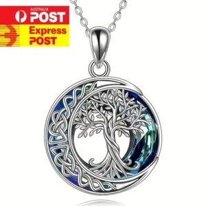 Silver Celtic Family Tree of Life Necklace for Women Round Crystal Pendant - Picture 1 of 5