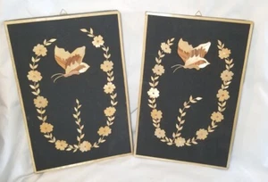 Vintage Set Of 2 Butterfly And Flowers Straw Art Wall Decor Pictures - Picture 1 of 13
