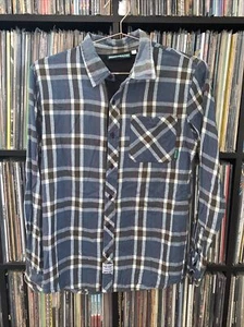Mighty Healthy Long Sleeve Button Down Flannel Plaid Shirt Size Small Blue Brown - Picture 1 of 5