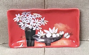 Plato de sushi floral rojo bandeja de jabón plato de baratija asiático artístico boho núcleo de cabaña - Imagen 1 de 2