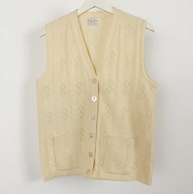 Chaleco Suéter Vintage Años 70 Tejido Crema Acrílico Para Mujer Bolsillos Medianos Hecho en EE. UU. Foto 1 de 4
