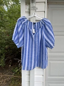 NWT Talbots Pretty Blue White Stripe 100% Linen Short Sleeve Blouse 2X 18W 20W - Picture 1 of 5
