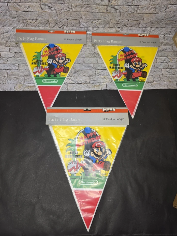 Nintendo 1989 Super Mario Bros Party Flag Vintage Happy Birthday Banner New 3 Pk - Image 1 of 4