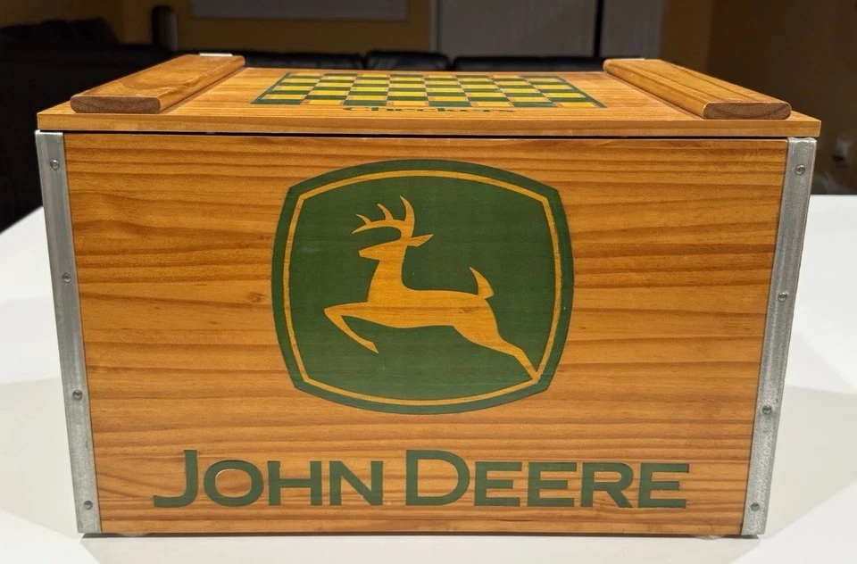 John Deer Wooden Checkerboard Storage Trunk w/Game Pieces & Bag - Carved - Image 1 of 4