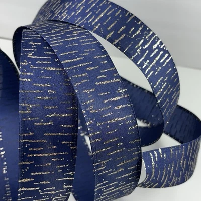 "CINTA Azul Marino Dorado Brillo Acentos Cableado 10yd X 1.5"" Vacaciones Navidad Nuevo" Foto 1 de 4