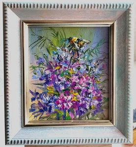 Honey Bee Рink Flowers Wildflowers Original oil painting mini art 3x2.7in - Picture 1 of 10
