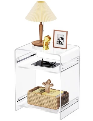 Acrylic End Table Record Player Table with Storage Shelf Clear Side Table Nig... - Image 1 of 4