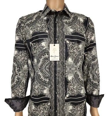 NWT $378 ROBERT GRAHAM RABAT  BLACK WHITE SILVER THREAD EMDROIDERED COTTON SHIRT - Image 1 of 4