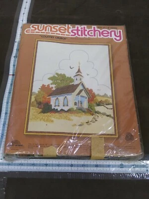 Vintage Sunset Stitchery Country Church Steeple Stained Glass Embroidery KIT  - Image 1 of 4