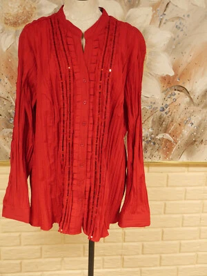 NWT ELEGANT LIZ & ME SZ 4X RED CRINKLE BUTTON FRONT RUFFLED/ SEQUIN BOTH SIDES - Image 1 of 4