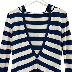 Minnie Rose Cashmere Silk Hooded Tunic Top Size S Cover Up Deep V-Neck Striped - Picture 1 of 7