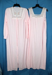 VTG JCPENNEY Pink SILKY NYLON Floral & Lace Yoke PEIGNOIR NIGHTGOWN & ROBE SET L - Picture 1 of 8