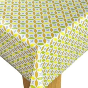 WIPEABLE Tablecloth Geometric Circles Grey and Citrus PVC Vinyl - Picture 1 of 1