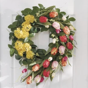 Lush Faux Tulips & Hydrangea Leafy Garden 26-inch Seasonal Indoor/Outdoor Wreath - Picture 1 of 10